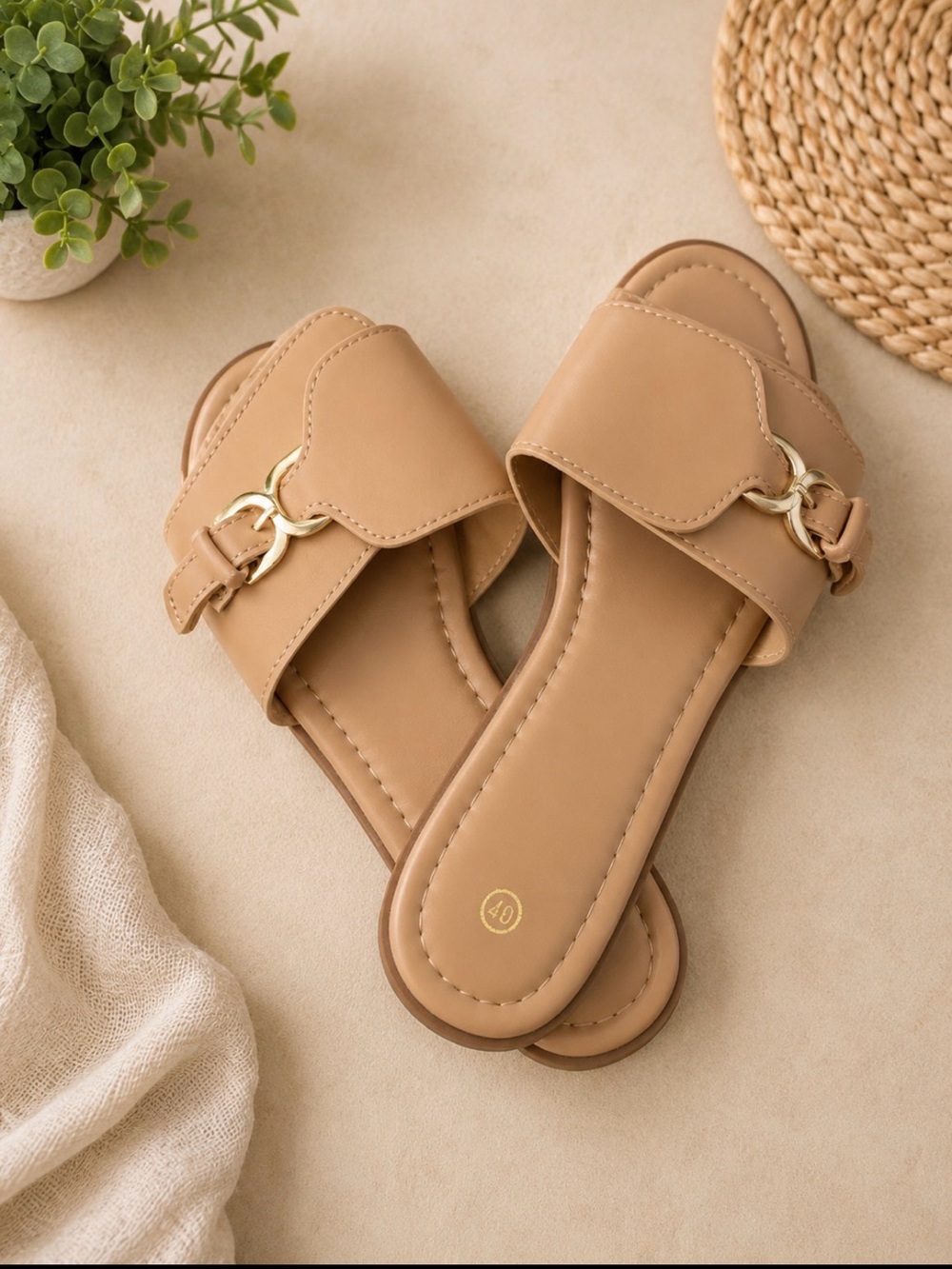 Women's Tan Slide Sandals with Gold Chain Accent